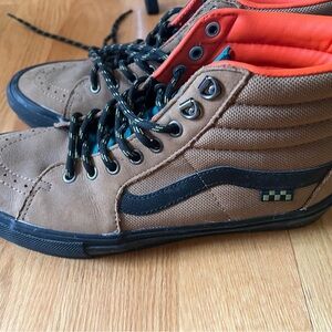 Vans Men's Brown High-Top Sneakers with Orange Collar and Black Stripe